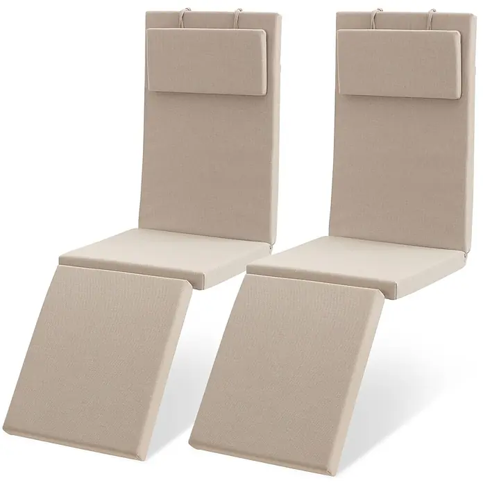 Beautissu Liegenauflage QD-DC - Deckchair, 2 Stk., L x B x H: 175 x 45 x 5 cm, Polyester, Beige - Zwei beige Gartenliegenauflagen mit integrierten Kopfstützen und separaten Fußteilen, aus strukturiertem Stoff.