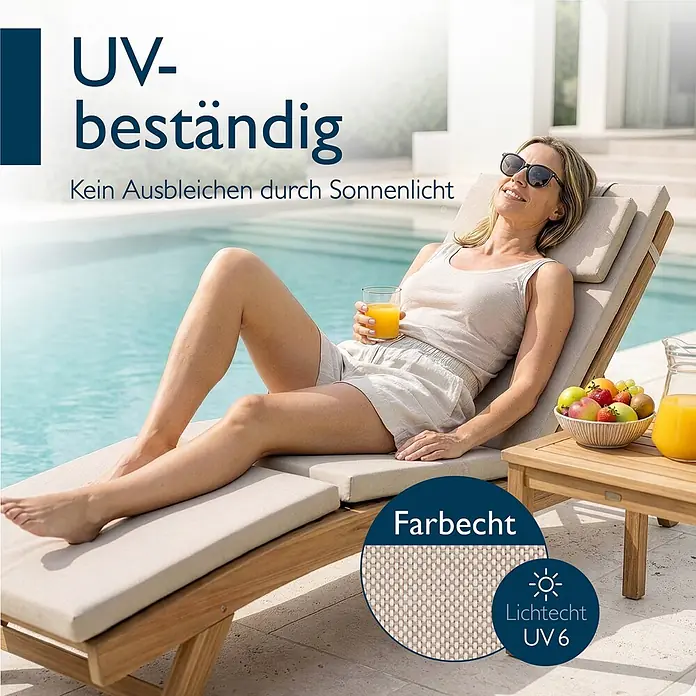 Beautissu Liegenauflage QD-DC - Deckchair, 2 Stk., L x B x H: 175 x 45 x 5 cm, Polyester, Beige - Holzliege mit hellen Polstern, UV-beständig und farbecht, zum Entspannen am Pool.