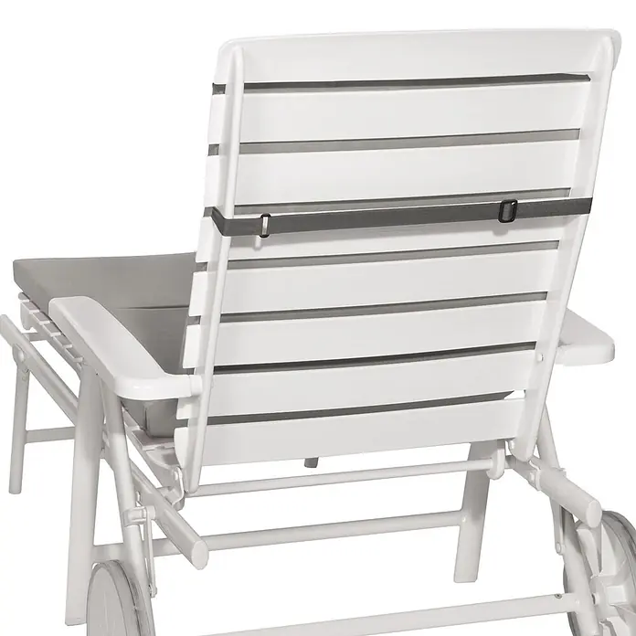 Beautissu Liegenauflage Loft RL - Rollliege, 1 Stk., L x B x H: 200 x 60 x 5 cm, Polyester, Hellgrau - Weiße Gartenliege mit grauem Kissen, verstellbarer Rückenlehne, Gurt und Rollen.