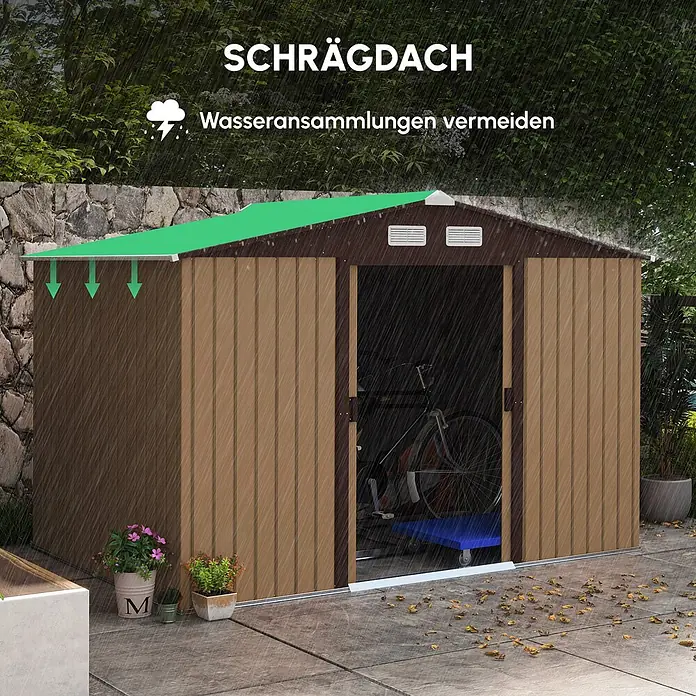 Furnicato Gerätehaus - Außenbreite inkl. Dachüberstand: 195 cm, Außentiefe inkl. Dachüberstand: 277 cm, Stahl, Gelb - Brauner Geräteschuppen mit grünem Schrägdach, das Wasseransammlungen vermeidet, im Regen.