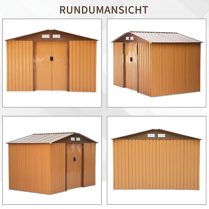 Furnicato Gerätehaus - Außenbreite inkl. Dachüberstand: 195 cm, Außentiefe inkl. Dachüberstand: 277 cm, Stahl, Gelb - Ein Metallgeräteschuppen mit braunem Dach und Verkleidung sowie orangefarbenen Wellblechwänden, aus verschiedenen Blickwinkeln gezeigt.