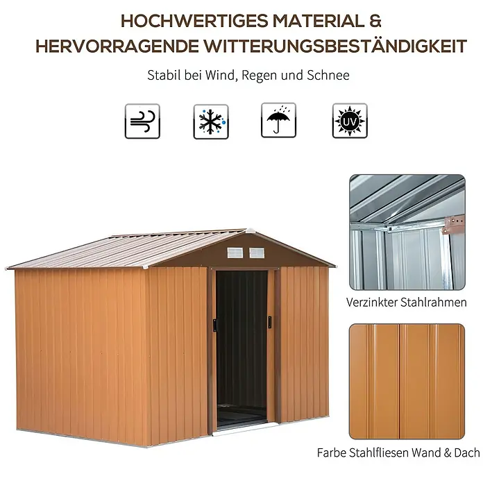 Furnicato Gerätehaus - Außenbreite inkl. Dachüberstand: 195 cm, Außentiefe inkl. Dachüberstand: 277 cm, Stahl, Gelb - Brauner Metall-Geräteschuppen mit Giebeldach, wetterbeständig und aus verzinktem Stahl.
