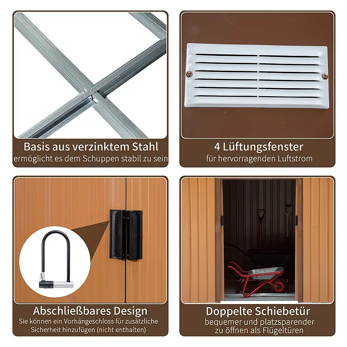 Furnicato Gerätehaus - Außenbreite inkl. Dachüberstand: 195 cm, Außentiefe inkl. Dachüberstand: 277 cm, Stahl, Gelb - Details eines Gartenhauses: verzinkter Stahlrahmen, Belüftung, abschließbare Schiebetüren.