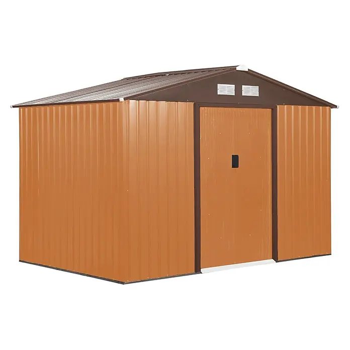 Furnicato Gerätehaus - Außenbreite inkl. Dachüberstand: 195 cm, Außentiefe inkl. Dachüberstand: 277 cm, Stahl, Gelb - Braunes und orangefarbenes Metall-Gartenhaus mit Satteldach und Einzeltür.