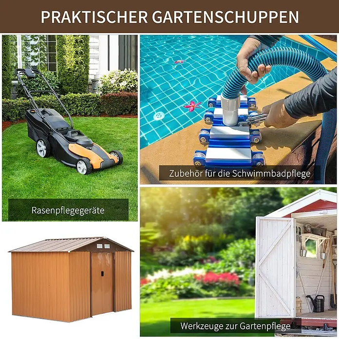 Furnicato Gerätehaus - Außenbreite inkl. Dachüberstand: 195 cm, Außentiefe inkl. Dachüberstand: 277 cm, Stahl, Gelb - Brauner Wellblech-Gartenschuppen mit braunem Dach und Tür, ideal zur Aufbewahrung von Gartengeräten.