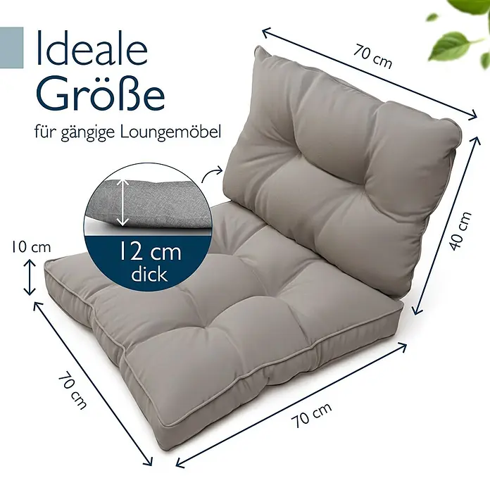 Beautissu Sitzauflage Flair Outdoor - Outdoor Lounge, 2 Stk., Polyester, Hellgrau - Graues 2-teiliges Lounge-Kissen-Set mit Rückenlehne, Maße 70x70 cm und 70x40 cm, 10-12 cm dick.