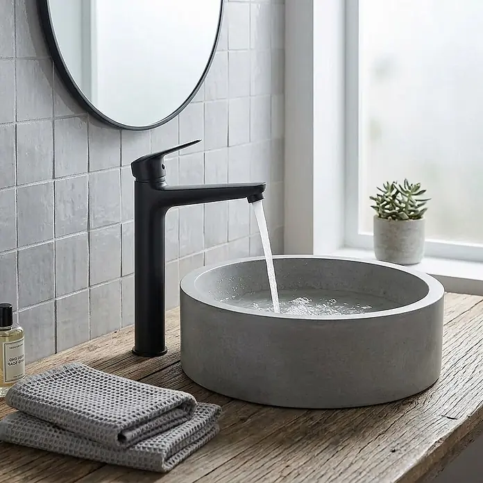 Kiamami Valentina Waschtischarmatur - Schwarz - Moderner schwarzer Wasserhahn und rundes graues Betonwaschbecken auf rustikaler Holzwaschtischplatte, Wasser läuft.