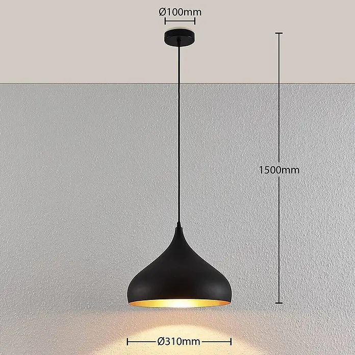 Lindby Pendelleuchte Ritana - schwarz, Schwarz, gold, E27 - Schwarze Pendelleuchte mit goldener Innenseite, von der Decke hängend. Modernes Design.