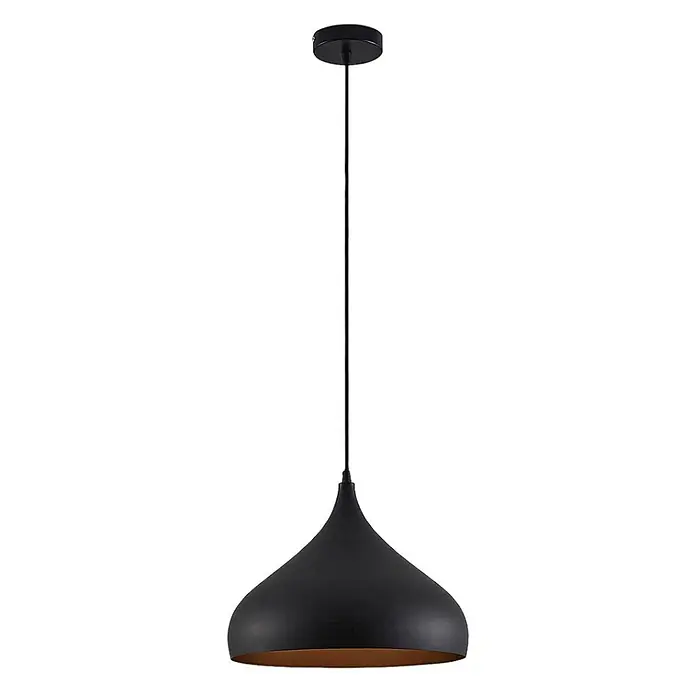 Lindby Pendelleuchte Ritana - schwarz, Schwarz, gold, E27 - Schwarze glockenförmige Pendelleuchte mit kupferfarbener Innenseite, an einem schwarzen Kabel hängend.