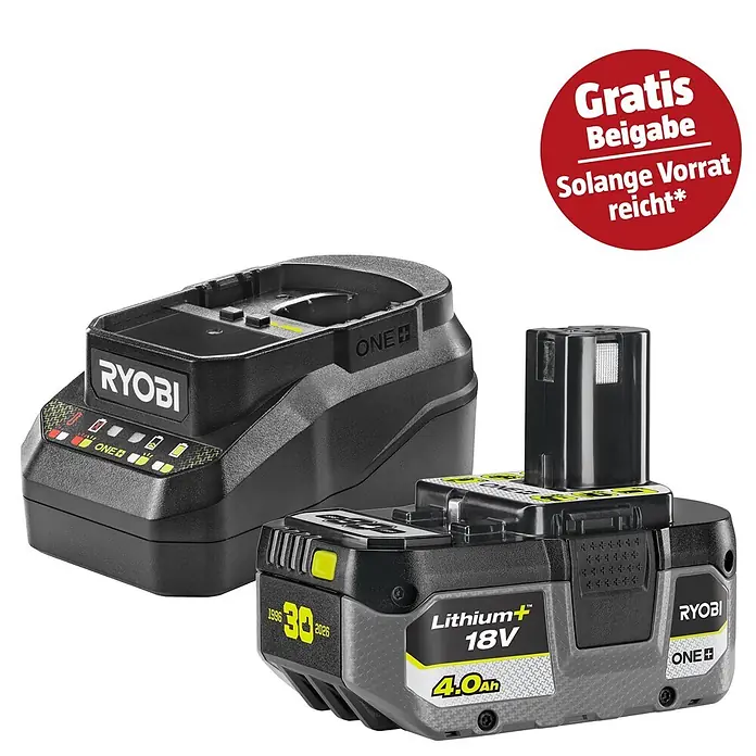 Ryobi ONE+ Akku & Ladegerät 30 Jahre Starter-Set RC18120B-140X - 18 V, 4 Ah - Schwarzes und graues Ryobi 18V Lithium+ 4.0Ah Akku mit passendem Ladegerät und Statusanzeigen. Gratisbeigabe.