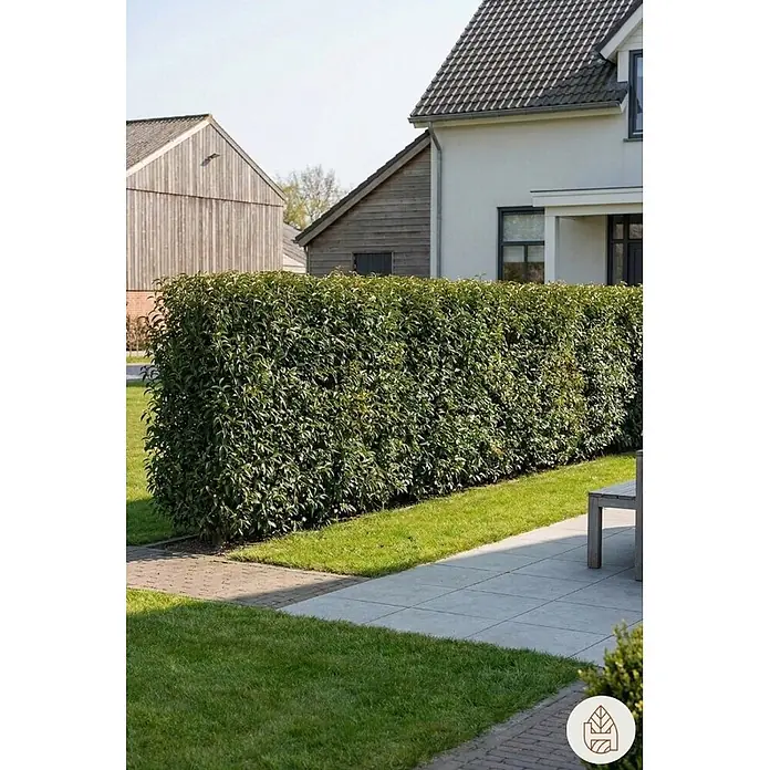 Heijnen Pflanzen Kirschlorbeer 150-175 cm - 10 St. für 5 Meter - Prunus lusitanica 'Angustifolia', Topfvolumen: 20 l, Aktuelle Wuchshöhe: 150 cm - 175 cm - Eine dichte, dunkelgrüne Hecke als Sichtschutz in einem sonnigen Garten zwischen Terrasse und Gebäuden.