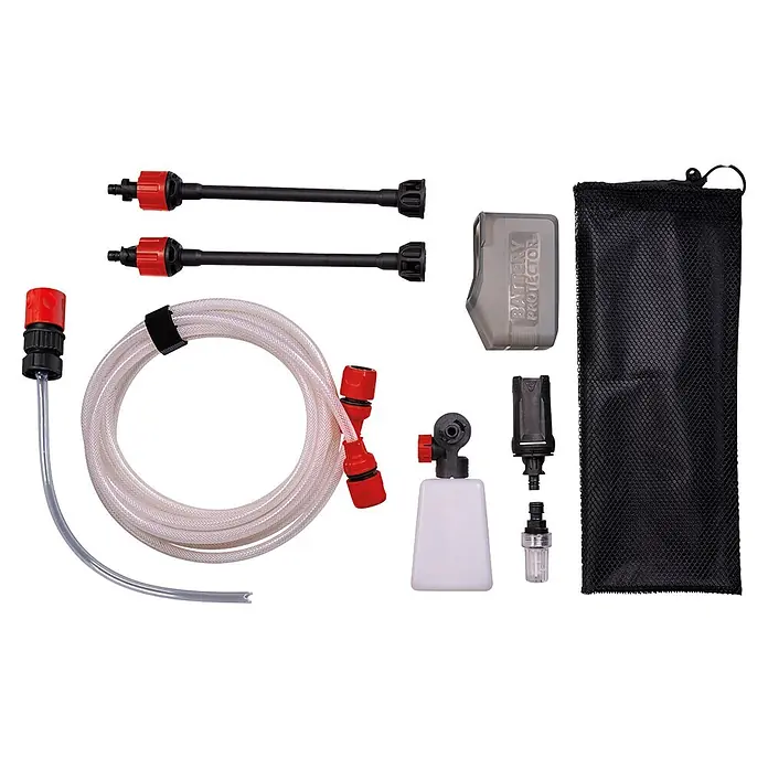 Einhell PXC 18V Akku-Druckreiniger Hypresso 18/24-1 - 18 V, Ohne Akku, Max. Druck: 24 bar - Hochdruckreiniger-Zubehör-Set: zwei schwarze Lanzen, klarer Schlauch, weißer Schaumkanister, Batterieschutz, diverse Düsen und schwarze Netztasche.