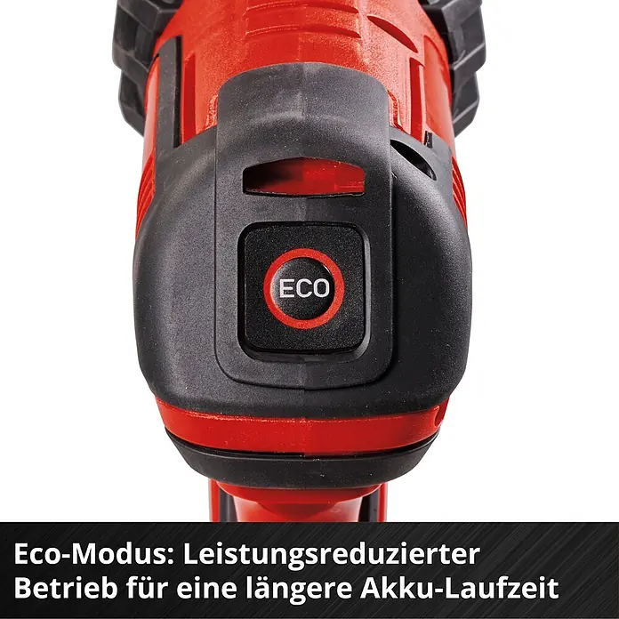 Einhell PXC 18V Akku-Druckreiniger Hypresso 18/24-1 - 18 V, Ohne Akku, Max. Druck: 24 bar - Nahaufnahme des schwarzen ECO-Knopfes eines Elektrowerkzeugs mit rotem Ring und roter Anzeigeleuchte.