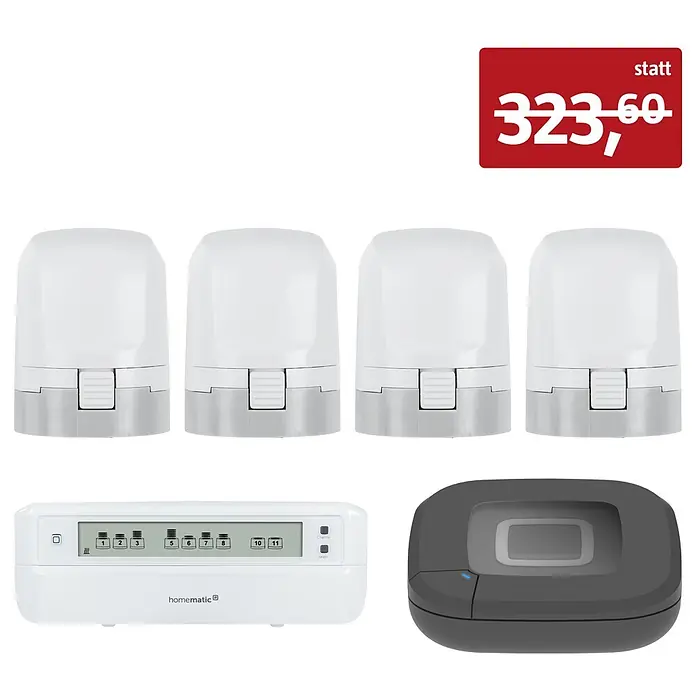 Homematic IP Set Fußbodenheizung HmIP-FALMOT-C12 mit Steuerzentrale Access Point 2 - Schwarz - Homematic Smart-Home Heizungssteuerung Set mit weißem Display, dunkelgrauem Hub und vier weiß-grauen Heizkörperthermostaten.