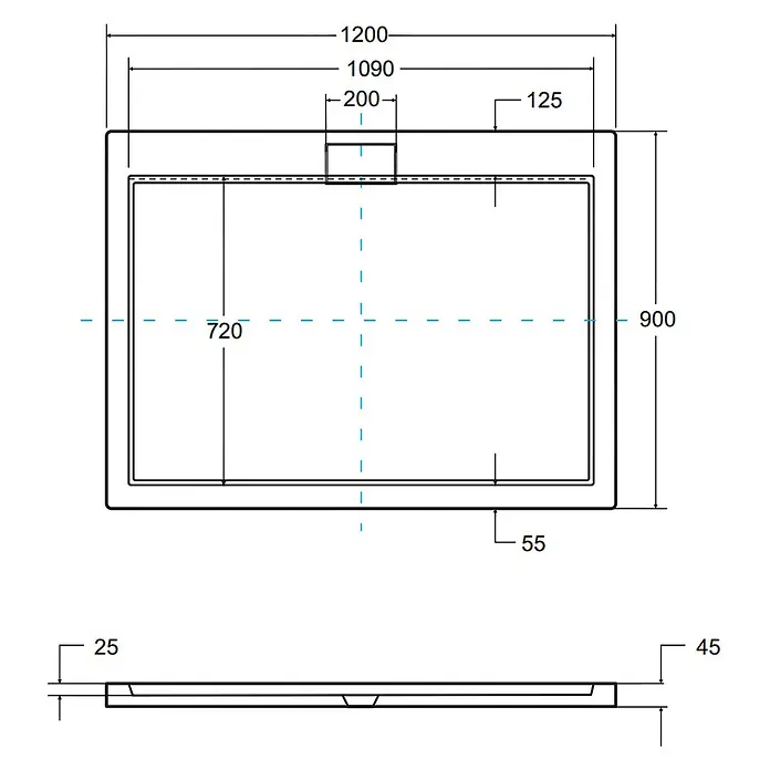 Bad Land Duschwanne AXIM SLIM Duschwanne rechteckig 120 x 90 cm Schwarz Steinoptik, mit Ablauf - L x B: 120 x 90 cm, Kunststoff, Schwarz, Steinoptik - Technische Zeichnung einer rechteckigen Duschwanne, zeigt Draufsicht und Seitenansicht mit Gesamtmaßen 1200x900x45mm.