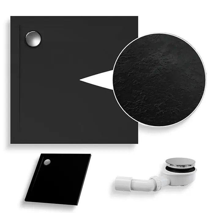 Bad Land Duschwanne GEOS Duschwanne quadratisch 100 x 100 cm Schwarz Steinoptik, mit Ablauf - Kunststoff, Schwarz, Steinoptik - Schwarze, texturierte Duschwanne mit Chromablauf und Ablaufgarnitur.