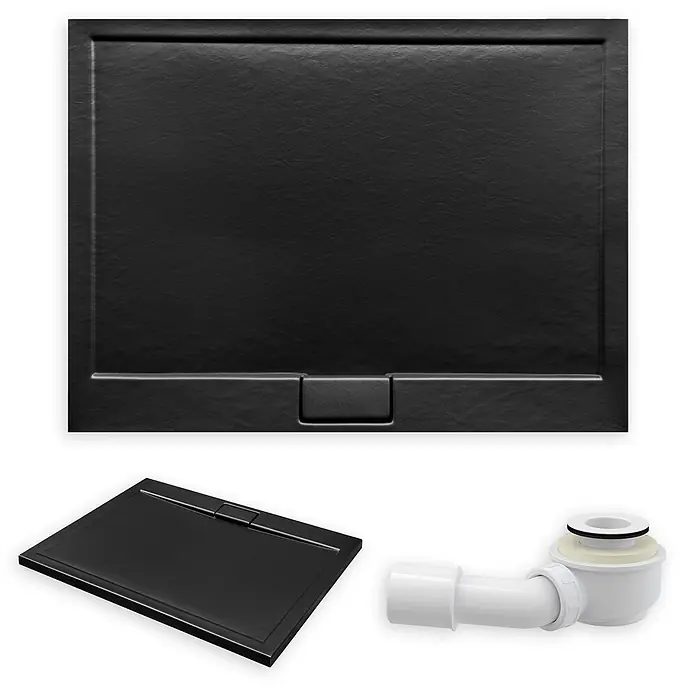 Bad Land Duschwanne AXIM SLIM Duschwanne rechteckig 100 x 80 cm Schwarz Steinoptik, mit Ablauf - Kunststoff, Schwarz, Steinoptik - Texturierte schwarze Duschwanne mit linearer Ablaufabdeckung, gezeigt mit einem weißen Ablaufset.