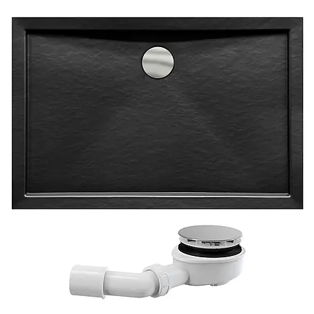 Bad Land  Duschwanne ALPINA Duschwanne rechteckig 100 x 80 cm Schwarz Steinoptik, Ablauf und