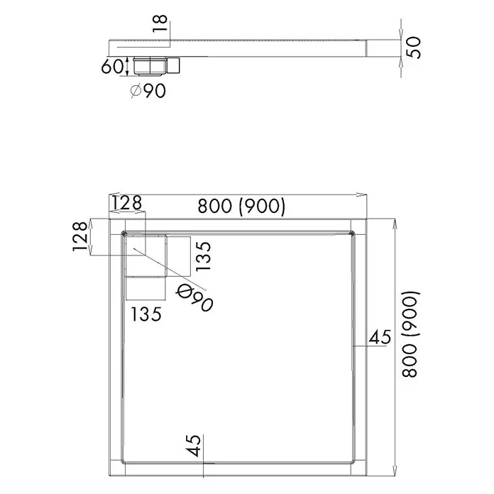 Bad Land Duschwanne OMEGA Duschwanne quadratisch 80 x 80 cm Weiß, Set mit Ablaufgarnitur - Kunststoff, Weiß - Technische Zeichnung einer quadratischen Duschwanne, 800/900 mm, 50 mm hoch, mit 90 mm Eckablauf.