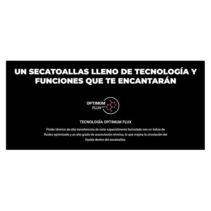 Rointe Radiador toallero eléctrico Elba SWT - An x Al: 50 x 112 cm, 500 W, Negro - Logotipo Optimum Flux Tech y texto que describe fluido térmico avanzado para secatoallas, optimizando la transferencia de calor y la circulación.