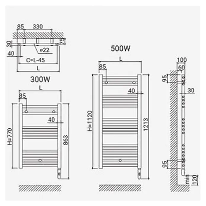 Rointe Radiador toallero eléctrico Elba SWT - An x Al: 50 x 112 cm, 500 W, Negro - Dibujos técnicos con dimensiones para dos toalleros eléctricos (300W y 500W) y su montaje en pared.