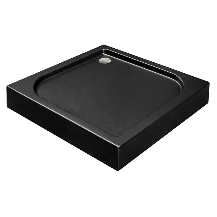Bad Land Duschwanne OSKAR Duschwanne quadratisch 90 x 90 cm Schwarz Steinoptik, Ablauf und - Kunststoff, Schwarz, Steinoptik - Quadratische, matte schwarze Duschwanne mit Chromablaufabdeckung.