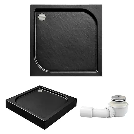 Bad Land  Duschwanne OSKAR Duschwanne quadratisch 90 x 90 cm Schwarz Steinoptik, Ablauf und