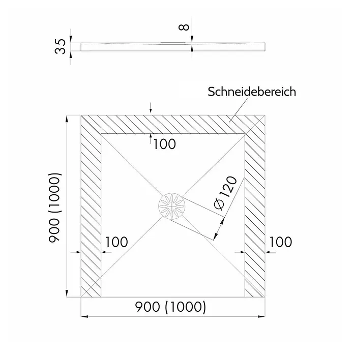 Bad Land Duschwanne DE LUXE Duschwanne quadratisch 100 x 100 cm Weiß, Set mit Ablaufgarnitur - Kunststoff, Weiß - Technische Zeichnung eines quadratischen Duschelements mit zentralem Ablauf und zuschneidbaren Rändern, inklusive Maße.