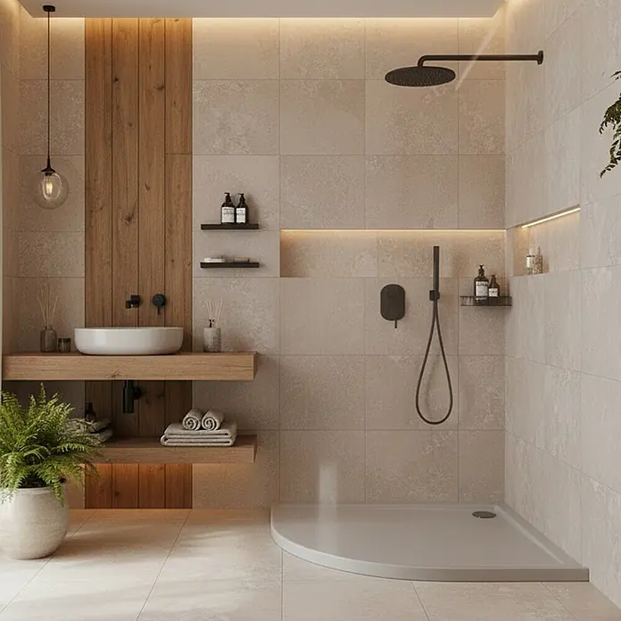 Bad Land Duschwanne CASPAR NEW Duschwanne viertelkreis 80 x 80 cm Weiß Steinoptik, mit Ablauf - Kunststoff, Weiß, Steinoptik - Modernes Badezimmer mit Dusche, schwarzen Armaturen und Holzwaschtisch mit Aufsatzbecken. Neutrale Fliesen und Akzentbeleuchtung.
