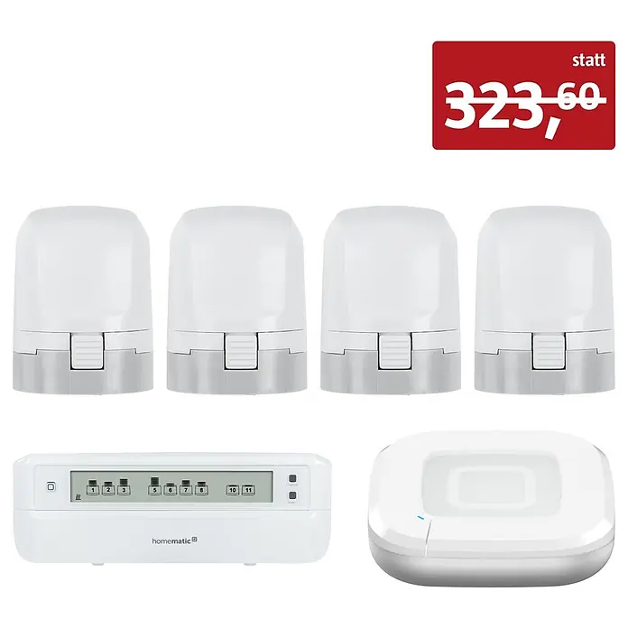 Homematic IP Set Fußbodenheizung HmIP-FALMOT-C12 mit Steuerzentrale Access Point 2 - Weiß - Weißes Smart-Home-Heizungssteuerungssystem mit vier Heizkörperthermostaten, einem Bedienfeld und einem Gateway.