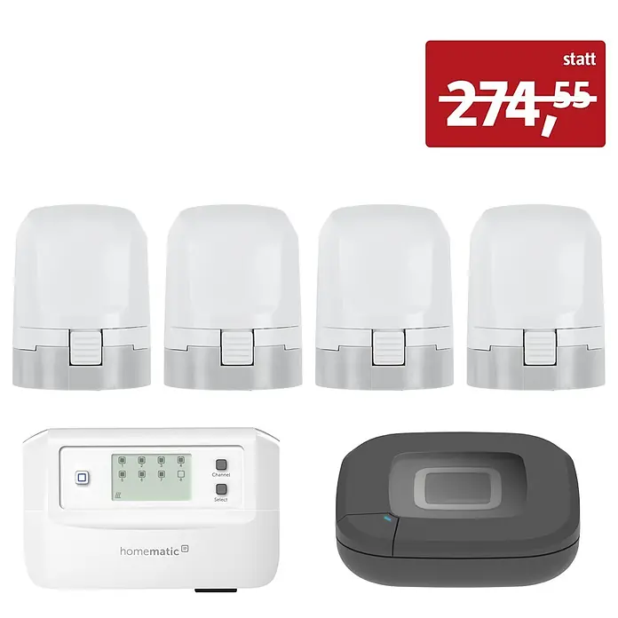 Homematic IP Set Fußbodenheizung HmIP-FALMOT-C8 mit Steuerzentrale Access Point 2 - Schwarz - Homematic IP Smart-Home-Starter-Kit mit vier weißen Heizkörperthermostaten, Bedienfeld und dunklem Gateway.