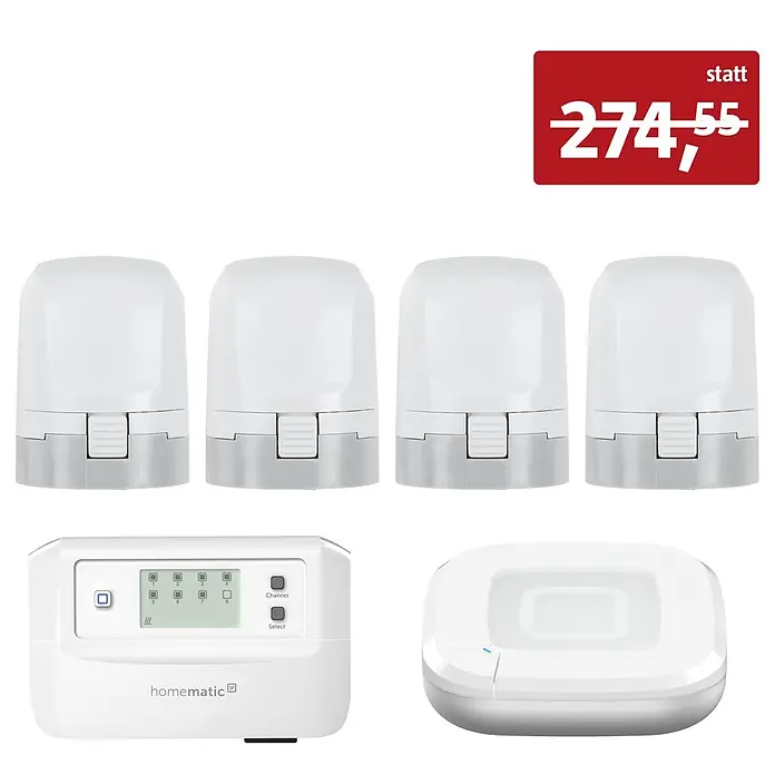 Homematic IP Set Fußbodenheizung HmIP-FALMOT-C8 mit Steuerzentrale Access Point 2 - Weiß - Vier weiße Homematic IP Heizkörperthermostate, ein Display-Bedienteil und eine Bridge, mit Preisschild.