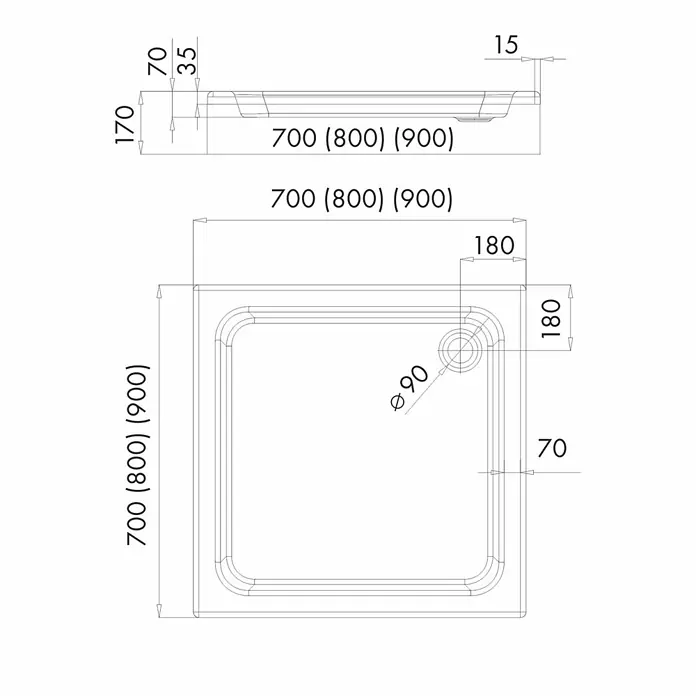 Bad Land Duschwanne GRANDO PLUS Duschwanne quadratisch 80 x 80 cm Weiß, mit Ablauf und Füßen - Kunststoff, Weiß - Technische Zeichnung einer Duschwanne mit Ober- und Seitenansicht und allen Maßen.