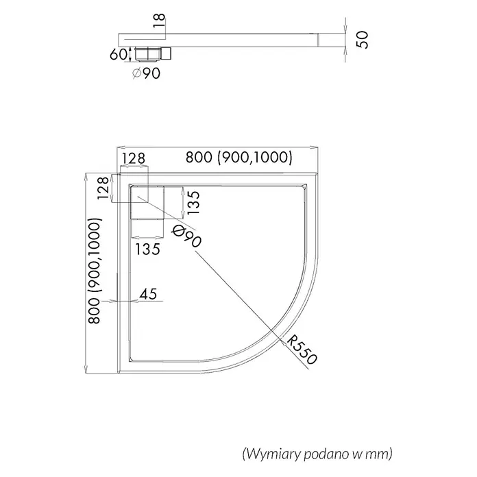 Bad Land Duschwanne OMEGA Duschwanne viertelkreis 90 x 90 cm Weiß, Set mit Ablaufgarnitur - Kunststoff, Weiß - Technische Zeichnung einer Viertelkreis-Duschwanne mit Abmessungen, 90mm Ablauf, 550mm Radius und 50mm Höhe.