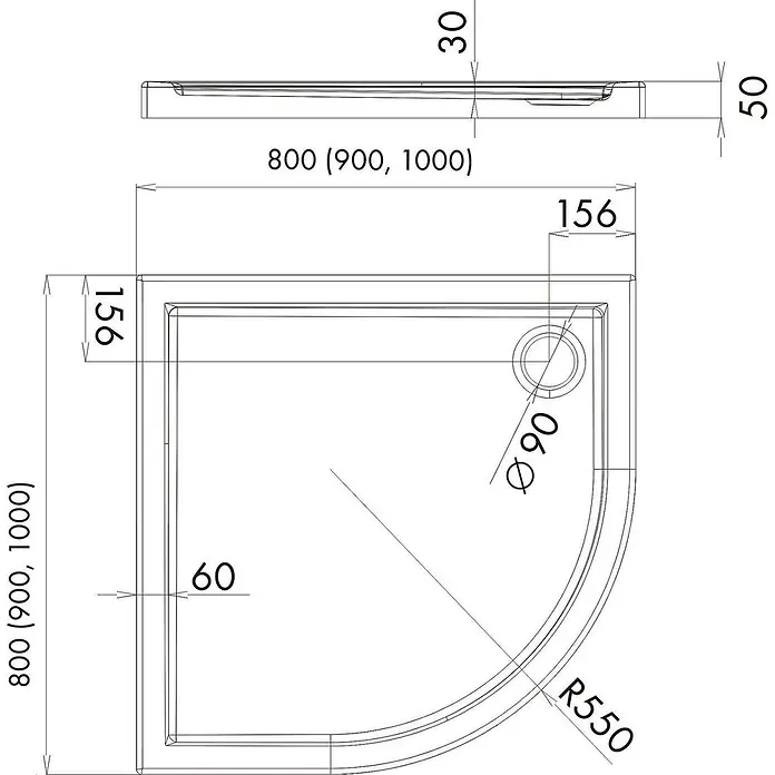 Bad Land Duschwanne CASPAR Duschwanne viertelkreis 100 x 100 cm Weiß, Set mit Ablaufgarnitur - Kunststoff, Weiß - Technische Zeichnung einer Viertelkreis-Duschwanne, Maße 800x800 bis 1000x1000 mm, Höhe 30/50 mm, R550, Ø90mm Ablauf.