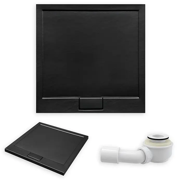 Bad Land Duschwanne AXIM SLIM Duschwanne quadratisch 80 x 80 cm Schwarz Steinoptik, mit Ablauf - Kunststoff, Schwarz, Steinoptik - Schwarze texturierte Duschwanne mit linearer Ablaufrinne, und ein weißer Siphon.