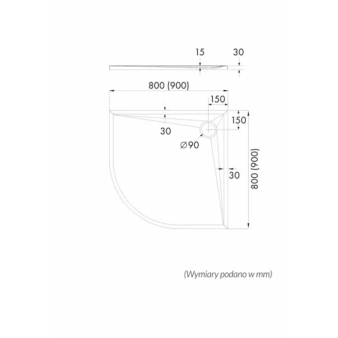 Bad Land Duschwanne ETRUSCO Duschwanne viertelkreis 90 x 90 cm Weiß, Set mit Ablaufgarnitur - Kunststoff, Weiß - Technische Zeichnung einer Viertelkreis-Duschwanne, 800(900)mm Seiten, 30mm Höhe, mit Ø90mm Ablauf.