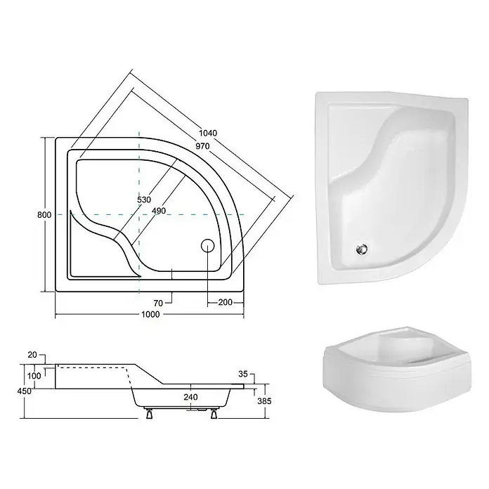 Bad Land Duschwanne MAXI Duschwanne asymmetrisch 100 x 80 cm Rechts Weiß, mit Ablauf und Füßen - Kunststoff, Weiß - Weiße Viertelkreis-Duschwanne mit integriertem Sitz und technischen Maßen.