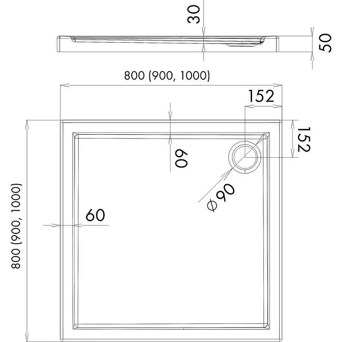 Bad Land Duschwanne CASPAR Duschwanne quadratisch 100 x 100 cm Weiß, Set mit Ablaufgarnitur - Kunststoff, Weiß - Technische Zeichnung einer quadratischen Duschwanne, 800mm (oder 900/1000mm) Seitenlänge, 50mm Höhe, mit Ø90mm Ablauf.
