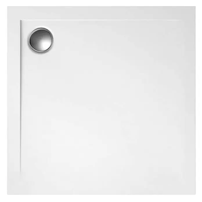 Bad Land Duschwanne GEOS Duschwanne quadratisch 90 x 90 cm Weiß, Set mit Ablaufgarnitur - Kunststoff, Weiß - Weißes, quadratisches Duschbecken mit verchromtem Abfluss in der Ecke.