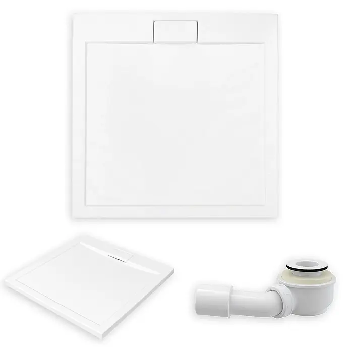 Bad Land Duschwanne AXIM SLIM Duschwanne quadratisch 90 x 90 cm Weiß, Set mit Ablaufgarnitur - Kunststoff, Weiß - Weiße quadratische Duschwanne mit Ablaufgarnitur.