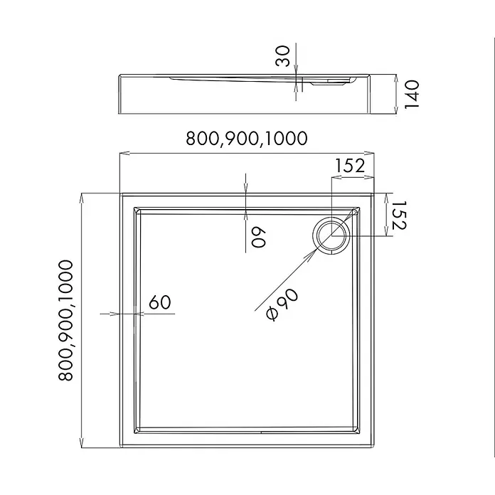 Bad Land Duschwanne COMPETIA Duschwanne quadratisch 80 x 80 cm Weiß, mit Ablauf und Füßen - Kunststoff, Weiß - Technische Zeichnung einer quadratischen/rechteckigen Duschwanne mit wählbaren Abmessungen (800, 900, 1000mm) und 90mm Ablauf.