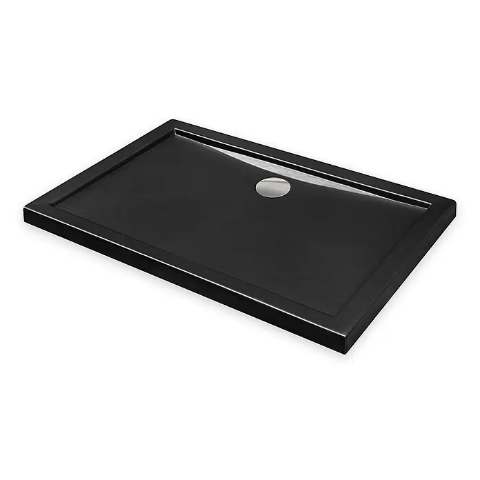Bad Land Duschwanne ALPINA Duschwanne rechteckig 120 x 80 cm Schwarz Steinoptik, mit Ablauf - Kunststoff, Schwarz, Steinoptik - Schwarze rechteckige Duschwanne mit zentralem silbernem Abfluss.
