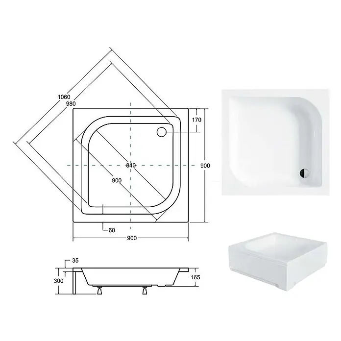 Bad Land Duschwanne ARES Duschwanne quadratisch 90 x 90 cm Weiß, mit Ablauf und Füßen - Kunststoff, Weiß - Weiße Viertelkreis-Duschwanne, 900x900mm, mit gebogener Vorderseite und Ablauf.