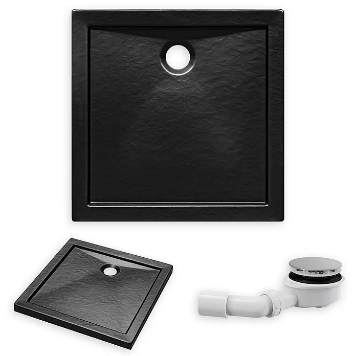 Bad Land Duschwanne AQUARIUS Duschwanne quadratisch 90 x 90 cm Schwarz Steinoptik, mit Ablauf - Kunststoff, Schwarz, Steinoptik - Schwarze Duschwanne in Schieferoptik mit Abflusssatz.