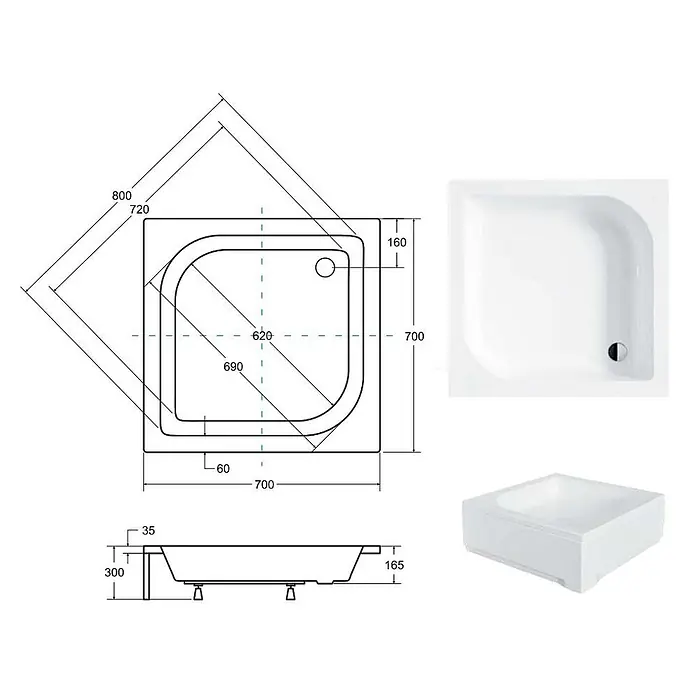 Bad Land Duschwanne ARES Duschwanne quadratisch 70 x 70 cm Weiß, mit Ablauf und Füßen - Kunststoff, Weiß - Weißer Viertelkreis-Duschwanne mit technischen Zeichnungen und Produktansichten.