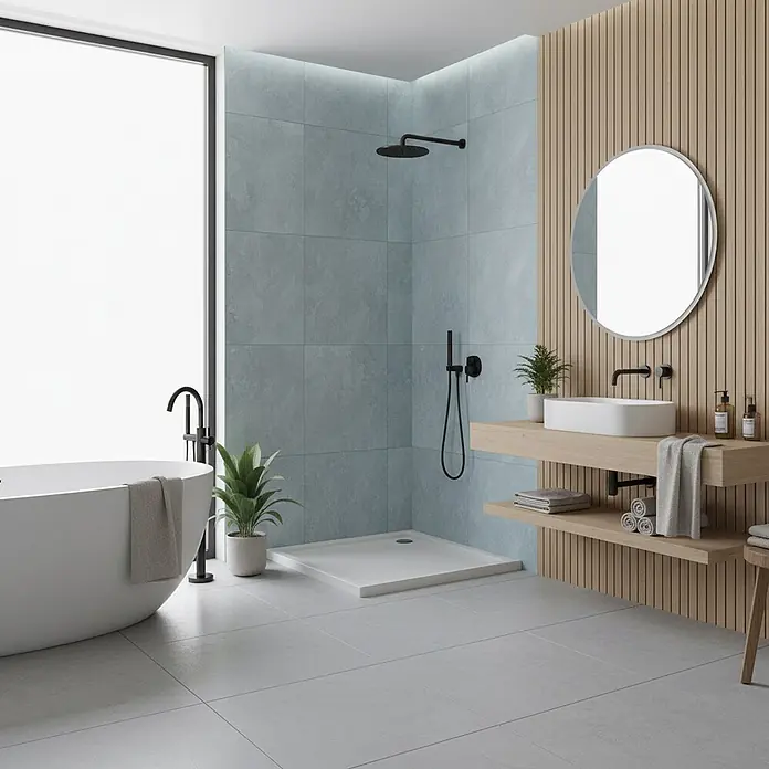 Bad Land Duschwanne CASPAR Duschwanne quadratisch 80 x 80 cm Weiß, Set mit Ablaufgarnitur - Kunststoff, Weiß - Modernes Badezimmer mit hellblauer Duschwand, weißer freistehender Badewanne und Holzwaschtisch mit weißem Waschbecken.