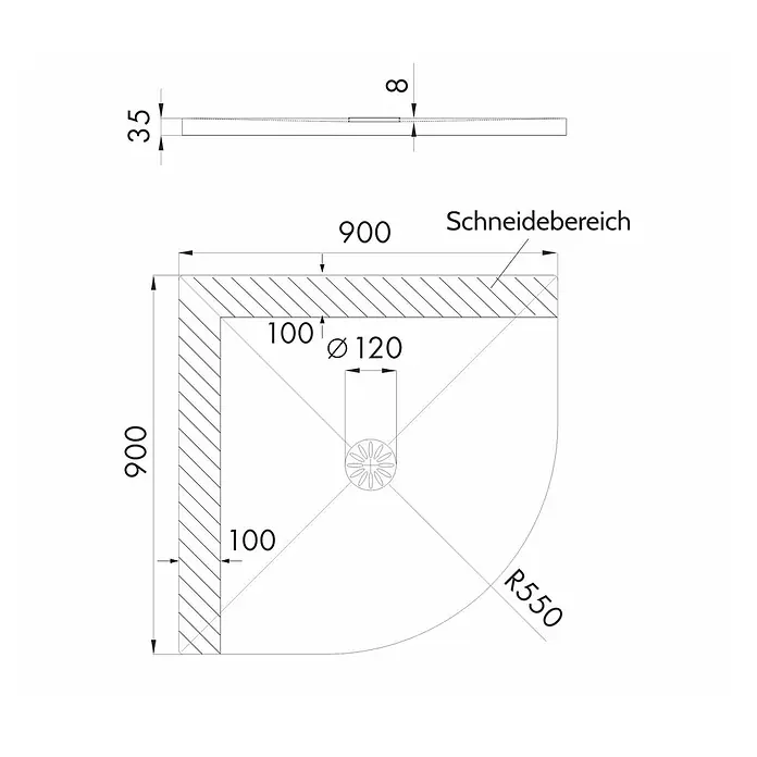 Bad Land Duschwanne DE LUXE Duschwanne viertelkreis 90 x 90 cm Weiß, Set mit Ablaufgarnitur - L x B: 90 x 90 cm, Kunststoff, Weiß - Weiße Viertelkreis-Duschwanne 900x900x35mm mit Ø120mm mittigem Ablauf und Schneidebereich, Radius R550.