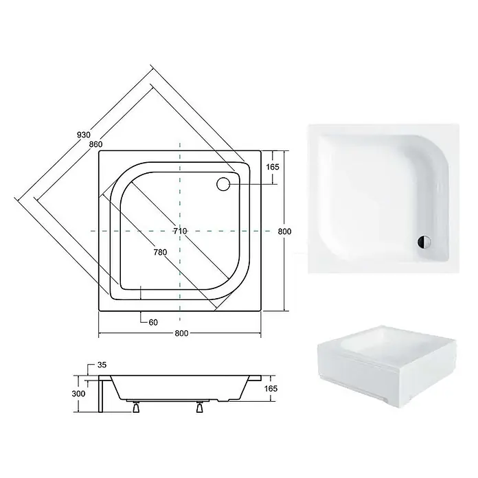 Bad Land Duschwanne ARES Duschwanne quadratisch 80 x 80 cm Weiß, mit Ablauf und Füßen - Kunststoff, Weiß - Weiße Viertelkreis-Duschwanne, 800x800mm, mit integrierter Schürze und technischen Maßen.
