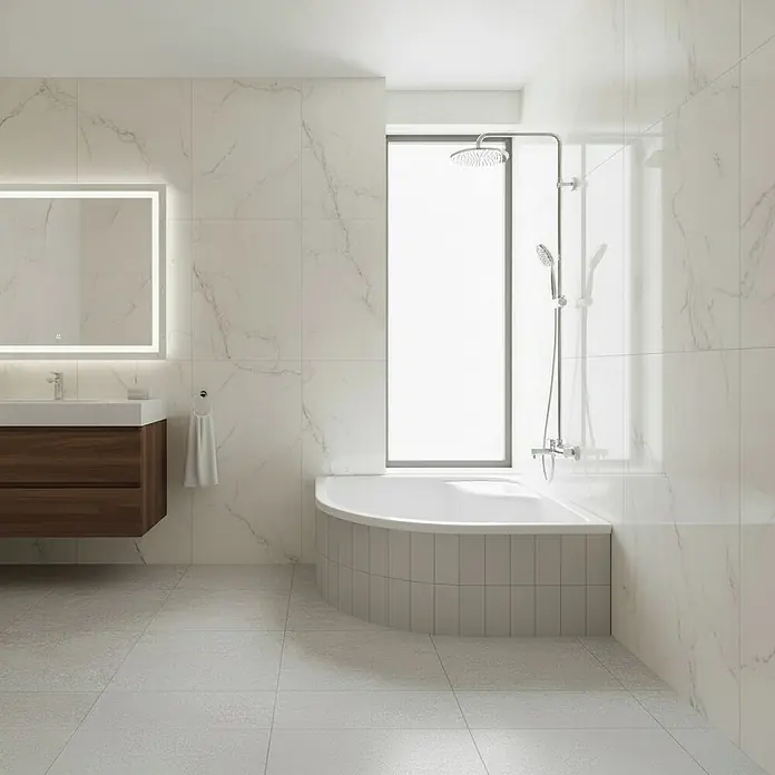 Bad Land Duschwanne DANTE Duschwanne viertelkreis 90 x 90 cm Weiß, Set mit Wannenträger - L x B: 90 x 90 cm, Kunststoff, Weiß - Weiße Eckbadewanne mit Dusche in einem modernen gefliesten Badezimmer.